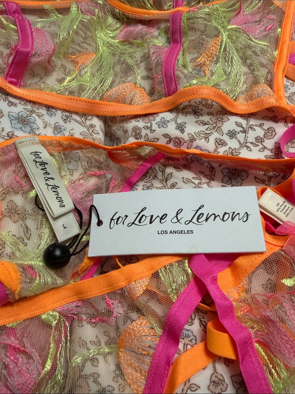 For Love & Lemons Neon Pink & Orange Sheer Embroidered Bra and Bikini Set NWT
